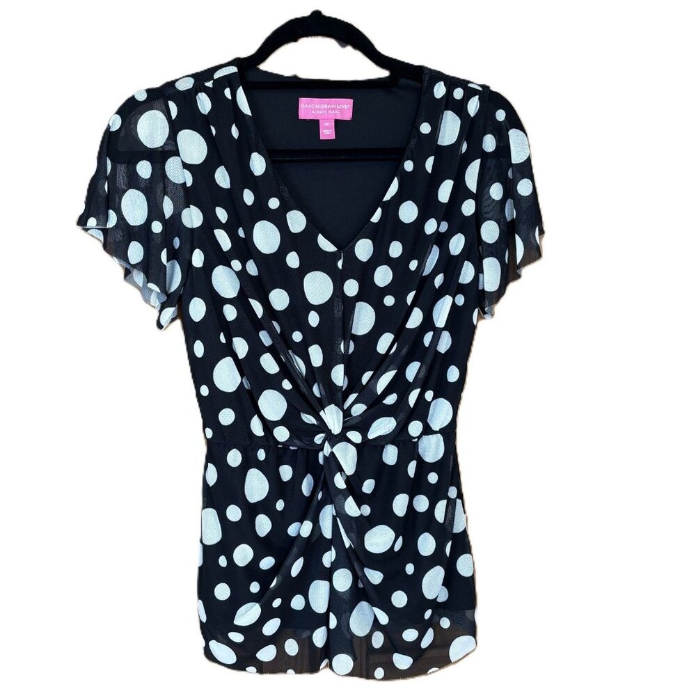 Isaac Mizrahi Live! Women's XXS Black White Polka Dot Mesh Twisted Front Top